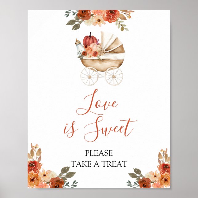 Affiche Pumpkin Stroller Floral Baby Shower Love is Sweet (Devant)