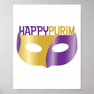 Affiche Purim et masque violet or heureux