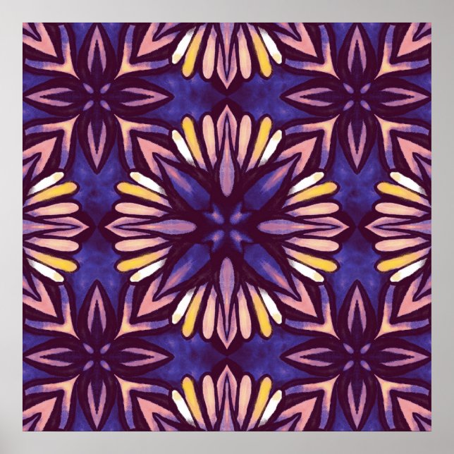 Affiche Purple Abstrait motif floral jaune Indigo Boho (Devant)