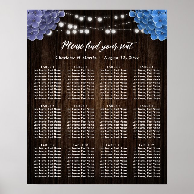 Affiche Purple Blue Floral Wedding Seating Chart 12 (Devant)
