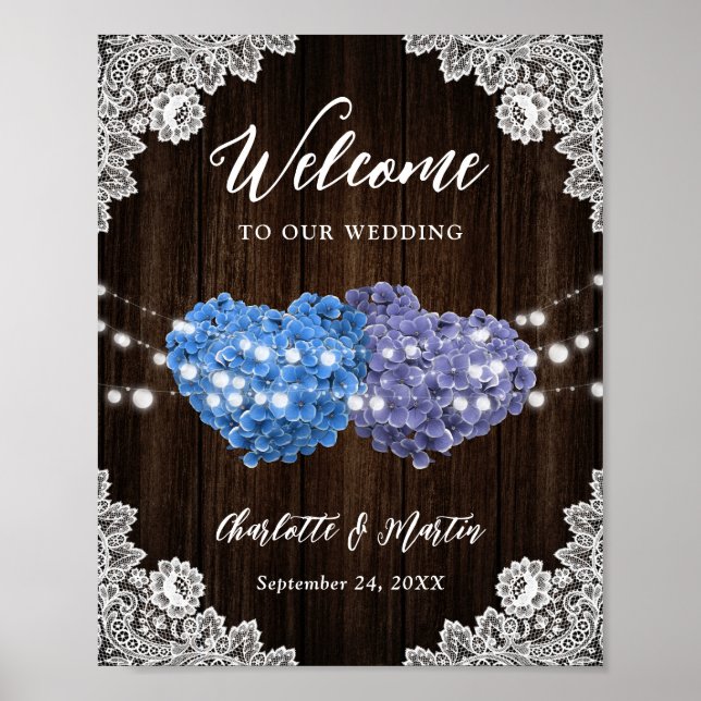 Affiche Purple Blue Rustic Wood Lace Wedding Welcome Sign (Devant)