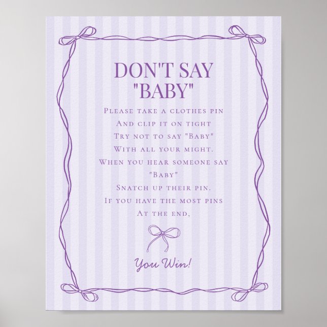 Affiche Purple Coquette Bow ne pas dire Baby shower jeu (Devant)