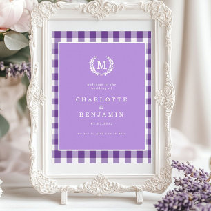 Affiche Purple En vichy Monogram Crest Mariage Bienvenue
