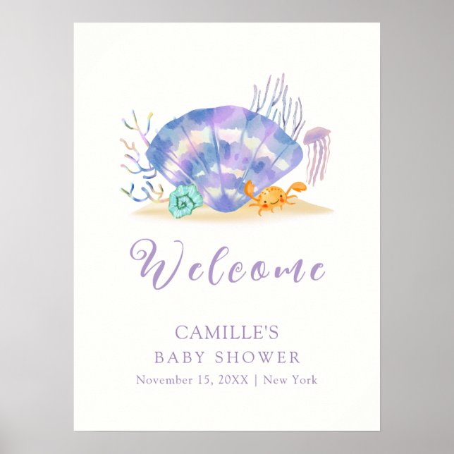 Affiche Purple été Sea Pearl Girl Baby shower Bienvenue (Devant)
