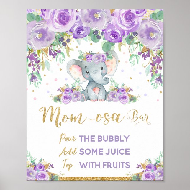 Affiche Purple Floral Elephant Baby Shower Momosa Bar Sign (Devant)