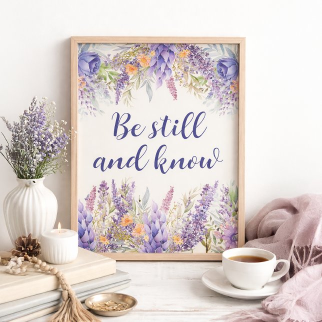 Affiche Purple Floral Faith Christian Religious Home Decor (Purple and lavender floral "Be still and know" Christian art print)