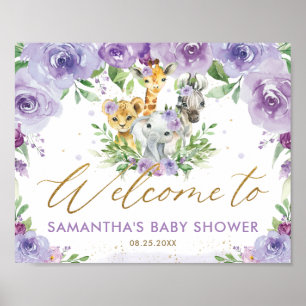 Affiche Purple Floral Jungle Animaux Baby shower Bienvenue