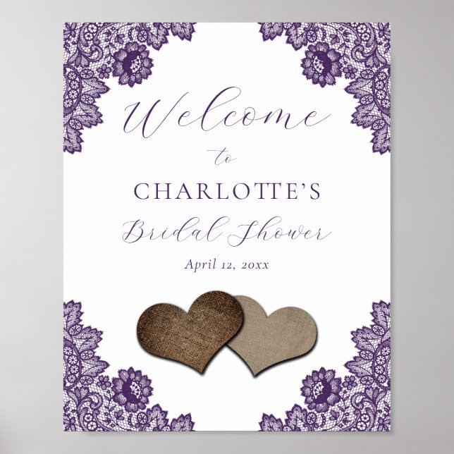Affiche Purple Floral Lace Rustic Bridal Shower Sign (Devant)
