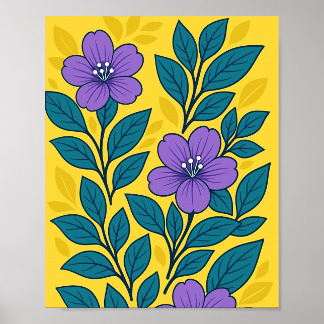 Affiche Purple Flowers & Teal Leaves on Yellow Background (Devant)