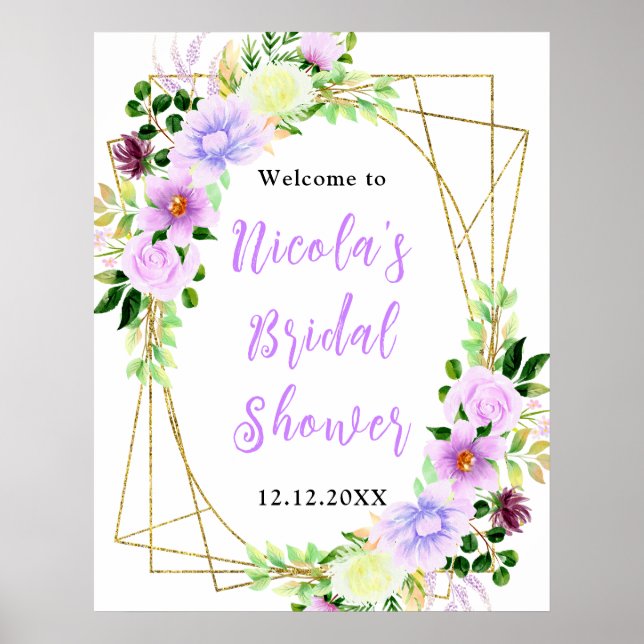 Affiche Purple Flowers with Foliage Bridal Shower Welcome (Devant)