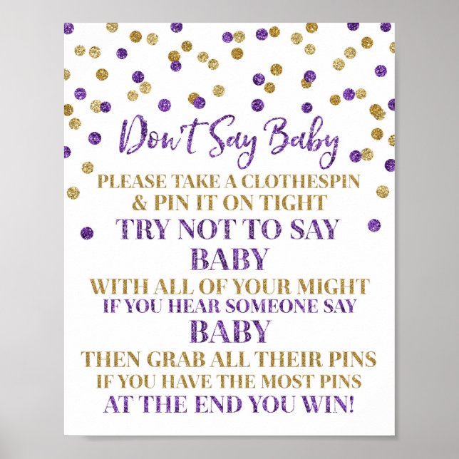 Affiche Purple Gold Confetti Ne pas dire Baby Game Sign (Devant)