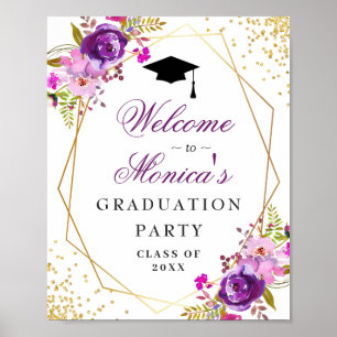 Affiche Purple Golden Floral Welcome Graduation Party