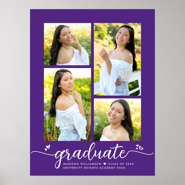 Affiche Purple Graduation 4 Photo Script Coeurs Moderne (Devant)