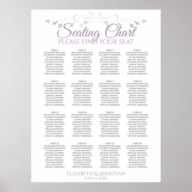 Affiche Purple & Gray 16 Table Wedding Seating Chart (Devant)