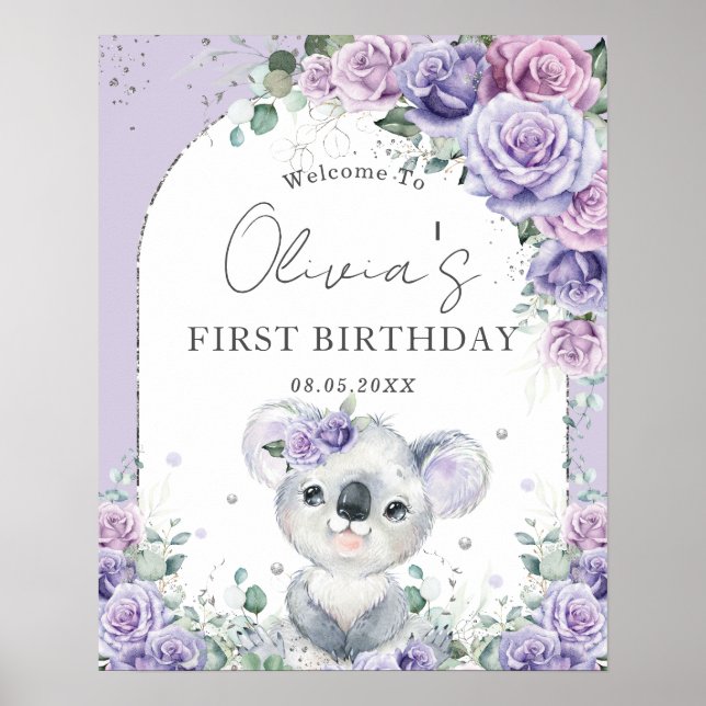 Affiche Purple Lilac Floral Cute Koala Arch 1st Birthday  (Devant)