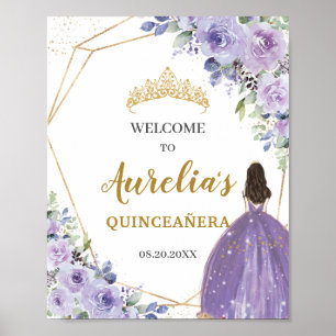 Affiche Purple Lilac Floral or Quinceañera Bienvenue