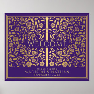 Affiche Purple Royal Medieval Gold Sword Wedding Welcome