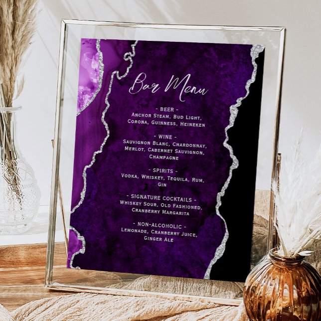 Affiche Purple Silver Agate Script Wedding Bar Menu  (Créateur téléchargé)