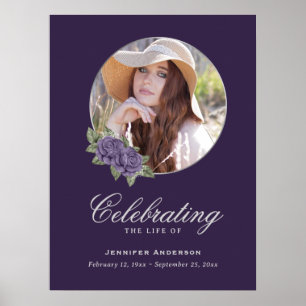 Affiche Purple Silver Floral Photo Memorial Funeral Sign