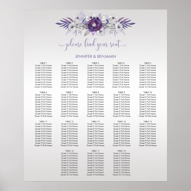 Affiche Purple Silver Gray Watercolor Floral Seating Chart (Devant)