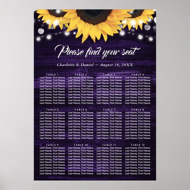 Affiche Purple Sunflower Wedding Seating Chart 12 (Devant)