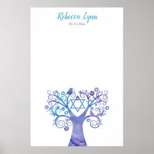 Affiche Purple Teal Watercolor Tree of Life Bat Mitzvah