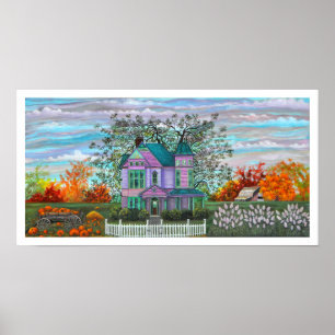 Affiche Purple Victorian House Wagon Citrouilles Automnes 
