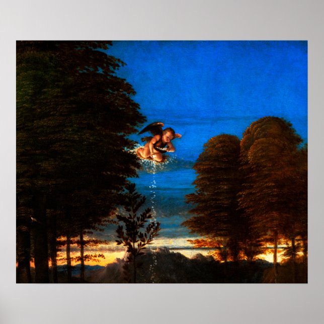 Affiche Putto In Blue Sky déverse une cascade de fleurs bl (Devant)