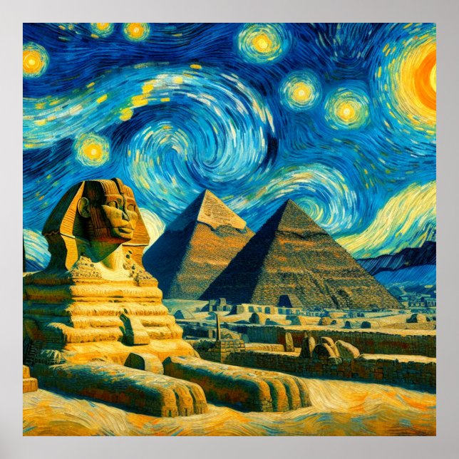 Affiche Pyramides nocturnes étoilées Sphinx Egypte (Devant)