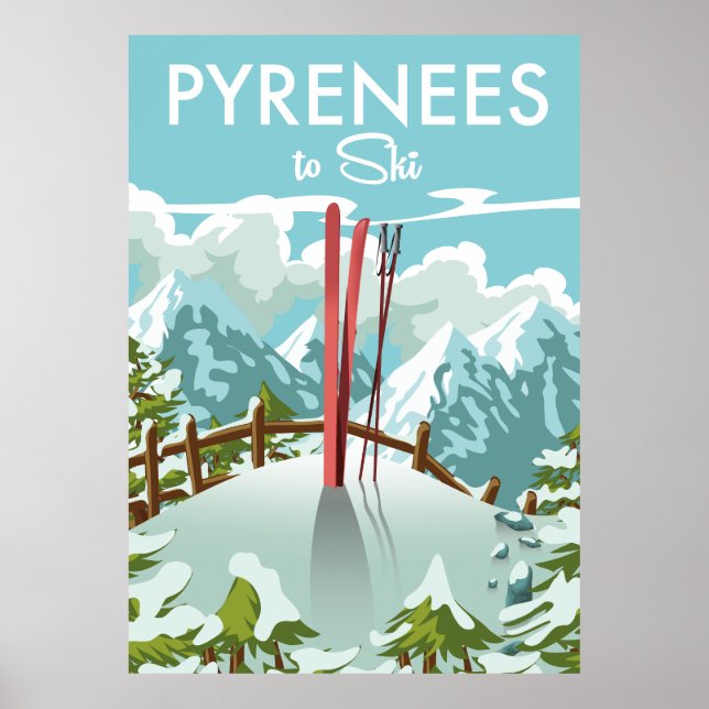 Affiche Pyrénées à Ski imprimé voyage. (Devant)