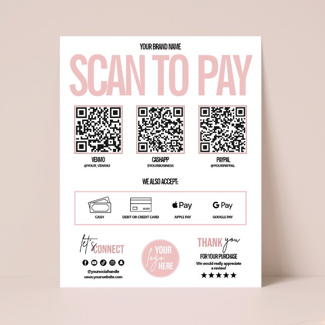 Affiche QR Code Scan to Pay Payment Sign Venmo, Cashapp (QR code scan to pay business payment sign, Venmo payment sign)