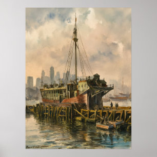 Affiche Quai Long Wharf Boston Bateau Peinture Aquarelle V
