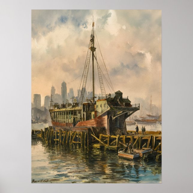 Affiche Quai Long Wharf Boston Bateau Peinture Aquarelle V (Devant)