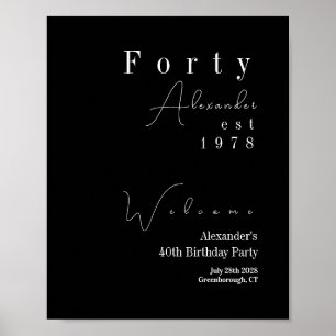 Affiche Quarantième Anniversaire Bienvenue Fête Noir et Bl