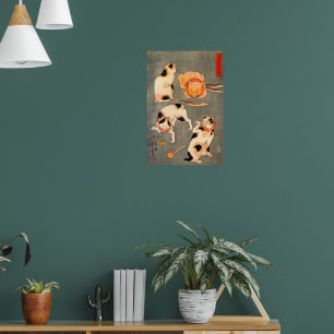 Affiche Quatre chats différentes poses illustrant Japonais