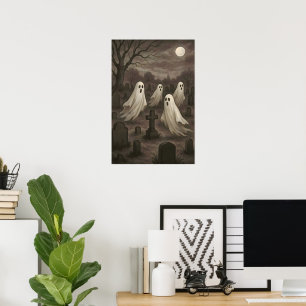 Affiche Quatre fantômes sous la pleine lune dans le cimeti