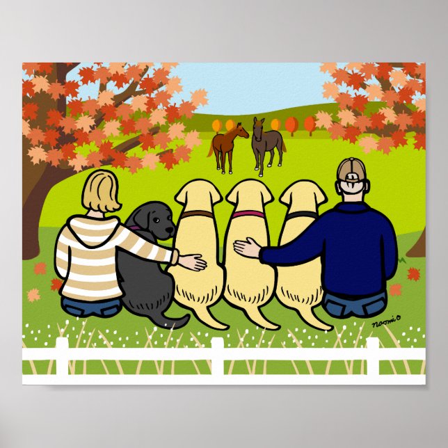 Affiche Quatre Labradors et Parents en automne (Devant)