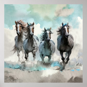 Affiche Quatre mustangs sauvages galopent à travers la pra