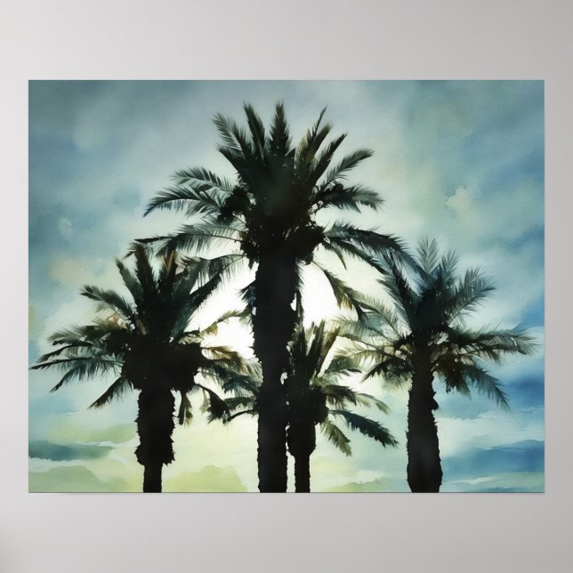 Affiche Quatre palmiers tropicaux dans l'aquarelle du ciel (Devant)