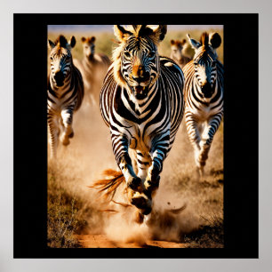 Affiche Quatre zèbres courant à travers la savane tandis q