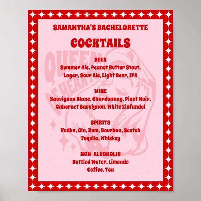 Affiche Queen of Hearts Bachelorette Cocktail Menu Sign (Devant)