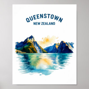 Affiche Queenstown Nouvelle-Zélande Aquarelle Vintage Scén