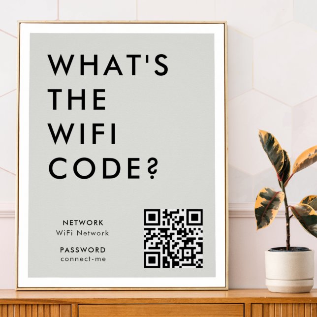 Affiche Quel est le code WiFi ? | Réseau Wifi QR Code gris (What's the WiFi Code? poster print with QR code to connect seamlessly to your Wi-Fi)