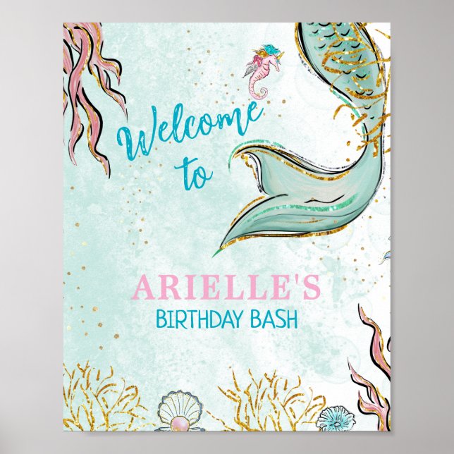 Affiche Queue de sirène pailletée menthe sous la mer Bienv (Devant)