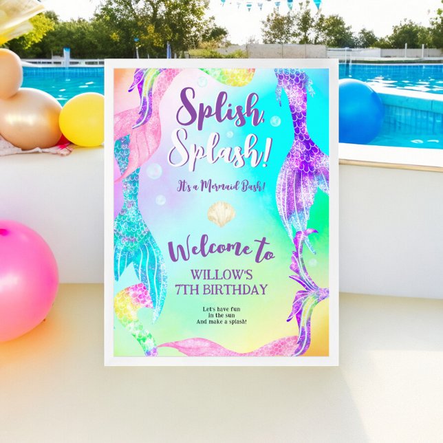 Affiche Queues de sirène de plage Anniversaire de enfant b (Beach party mermaid tails Kids birthday welcome Poster)