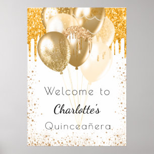 Affiche Quinceanera ballons à paillettes en or blanc bienv