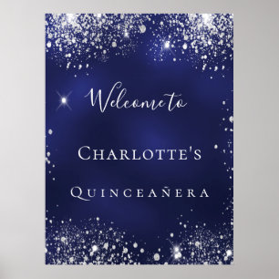 Affiche Quinceanera bleu argent parties scintillant poussi