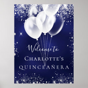 Affiche Quinceanera bleu marine ballons d'argent bienvenue