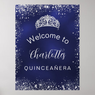 Affiche Quinceanera bleu marine paillettes argentées de bi