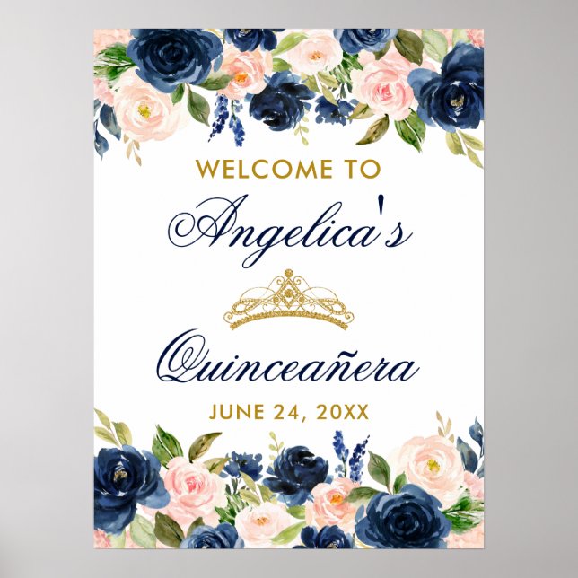 Affiche Quinceanera bleu rose Floral Couronne or (Devant)